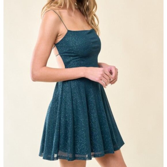 envy+grace Dresses & Skirts - Open back fit and flare skater dress green sparkle size small